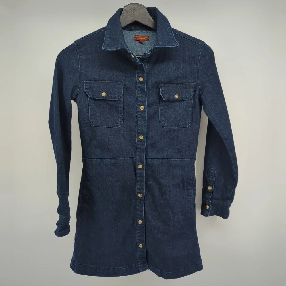Seven For All Mankind Girls Dress Medium Dark Blue Denim Long Sleeve Button Snap